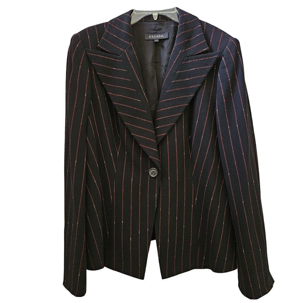 ESCADA Wool Black Red Metallic‎ Pinstripe Blazer Jacket Business Career Size 42